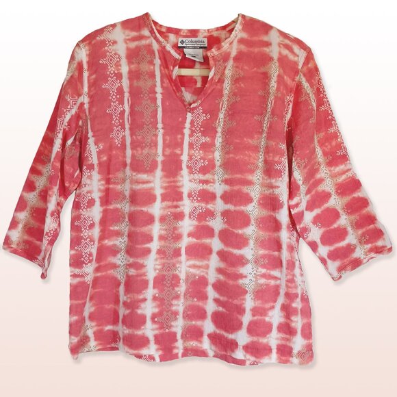 Columbia Coral & White Tiedye Top Print Overlay  Keyhole neck ¾ Sleeves Size L - Picture 1 of 10